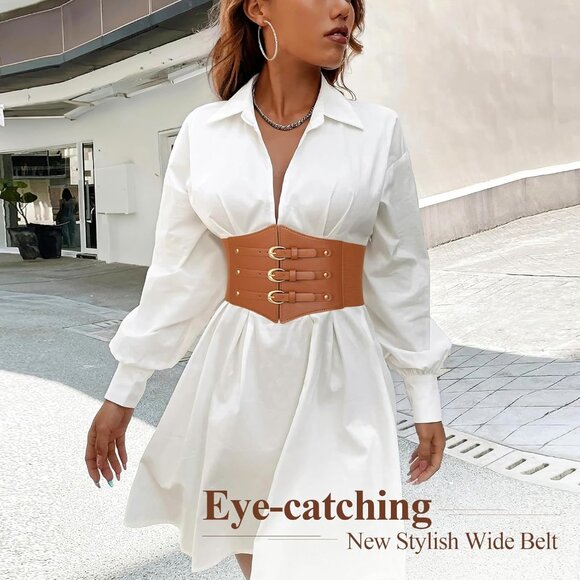 Women Corset Wide Stretch Waspie Elastic Waist Belt with Brown Buckle Gold - Picture 5 of 6